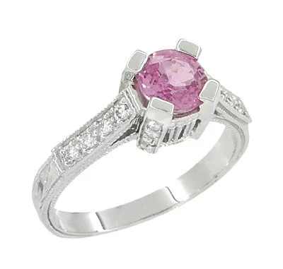 Art Deco Pink Sapphire Castle Engagement Ring in 18 Karat White Gold