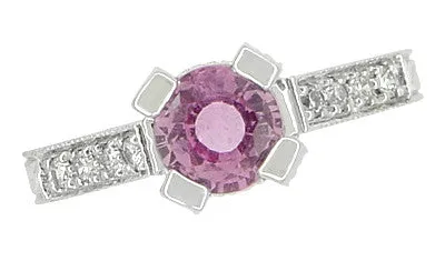 Art Deco Pink Sapphire Castle Engagement Ring in 18 Karat White Gold