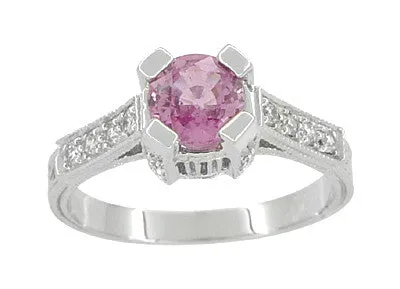 Art Deco Pink Sapphire Castle Engagement Ring in 18 Karat White Gold