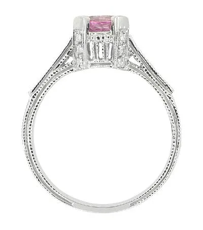 Art Deco Pink Sapphire Castle Engagement Ring in 18 Karat White Gold
