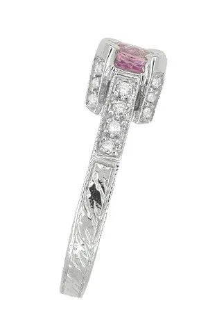 Art Deco Pink Sapphire Castle Engagement Ring in 18 Karat White Gold