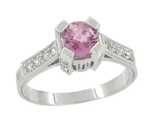 Art Deco Pink Sapphire Castle Engagement Ring in 18 Karat White Gold
