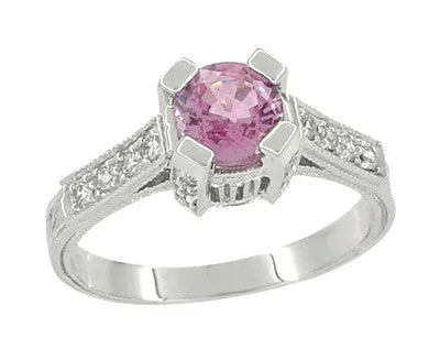 Art Deco Pink Sapphire Castle Engagement Ring in 18 Karat White Gold