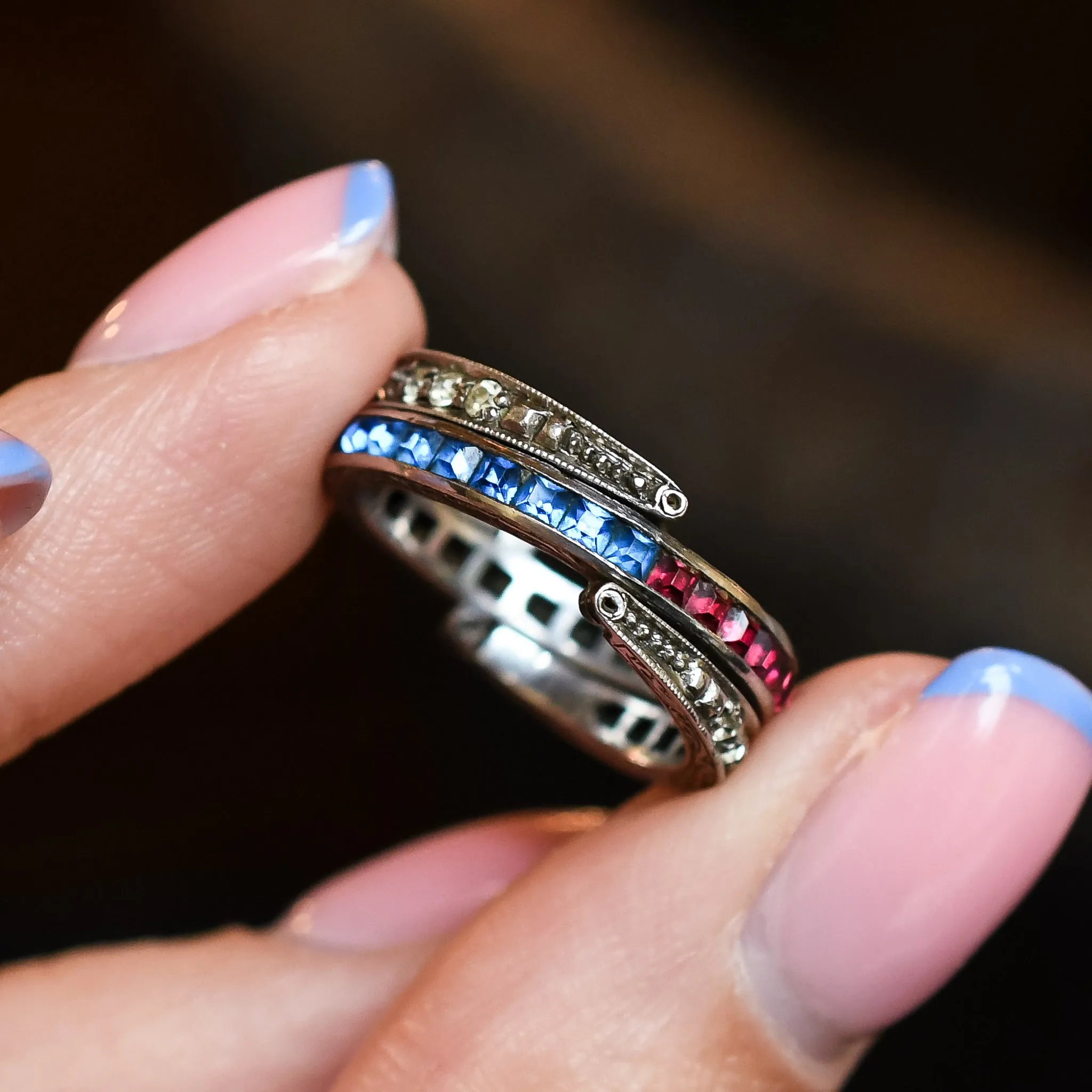 Art Deco Red, White & Blue Paste "Day & Night" Eternity Ring
