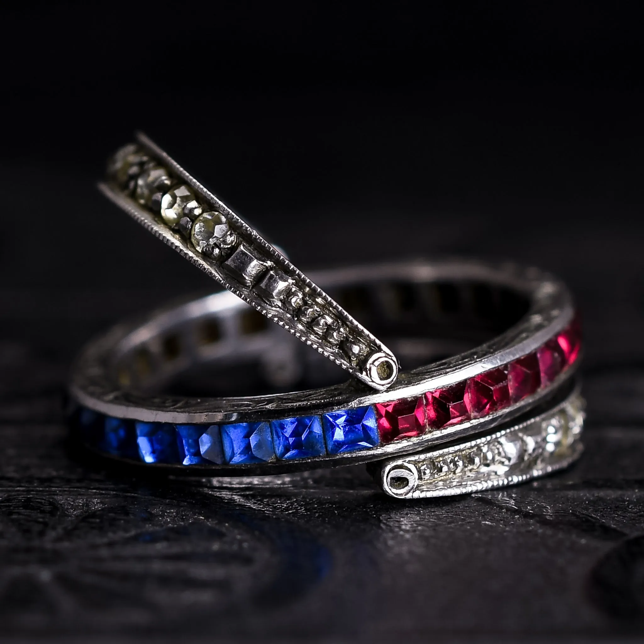 Art Deco Red, White & Blue Paste "Day & Night" Eternity Ring