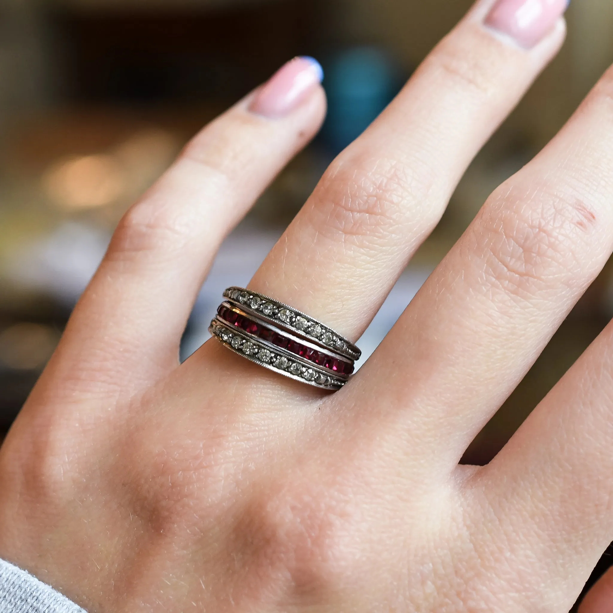 Art Deco Red, White & Blue Paste "Day & Night" Eternity Ring