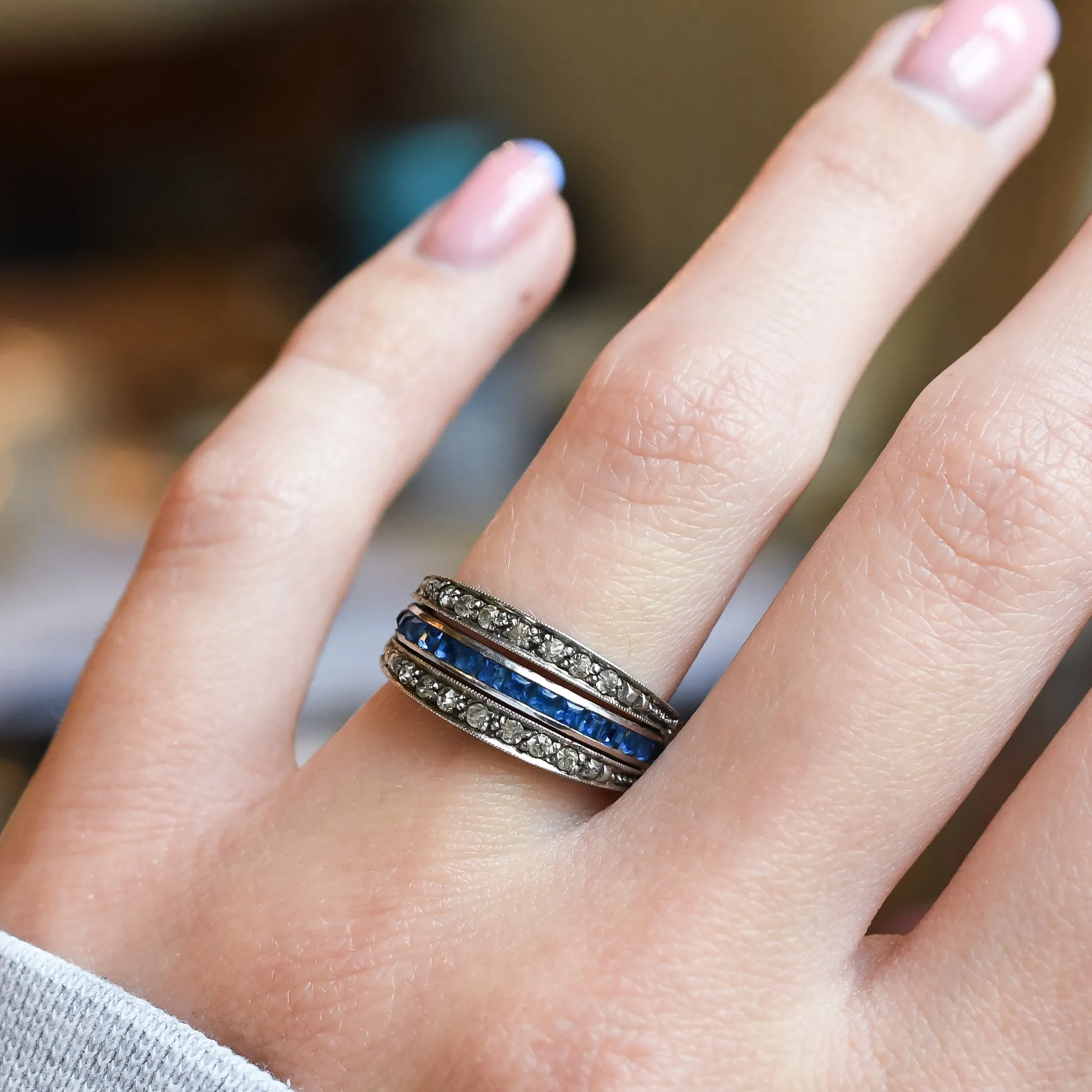 Art Deco Red, White & Blue Paste "Day & Night" Eternity Ring