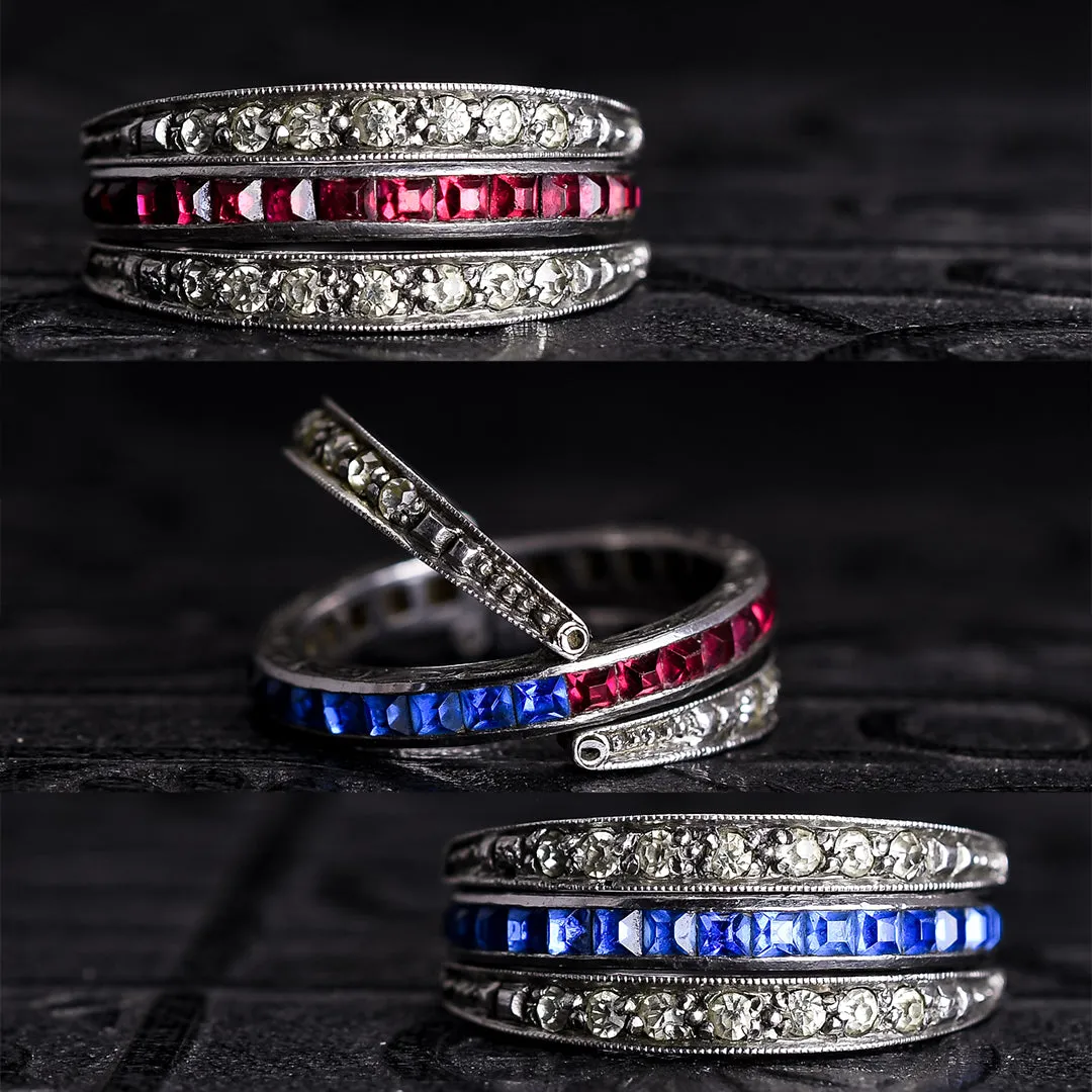Art Deco Red, White & Blue Paste "Day & Night" Eternity Ring