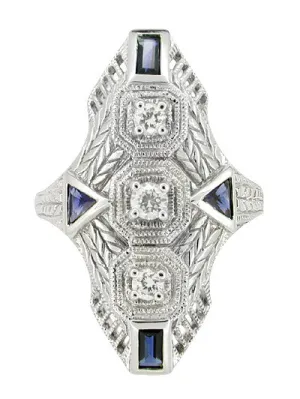 Art Deco Sapphire and Diamond Cocktail Filigree Engraved Ring in 14 Karat White Gold