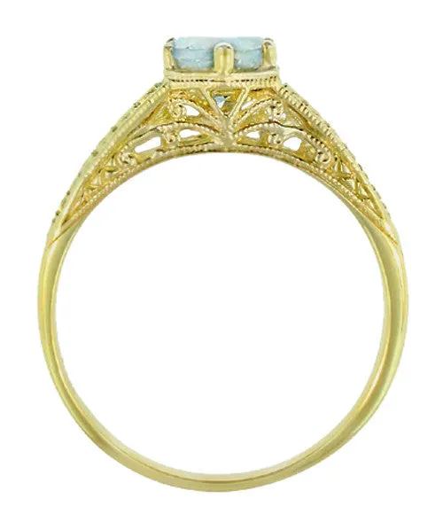 Art Deco Scrolls and Engraved Wheat Aquamarine Solitaire Filigree Engagement Ring in 18 Karat Yellow Gold