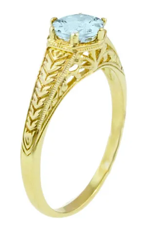 Art Deco Scrolls and Engraved Wheat Aquamarine Solitaire Filigree Engagement Ring in 18 Karat Yellow Gold