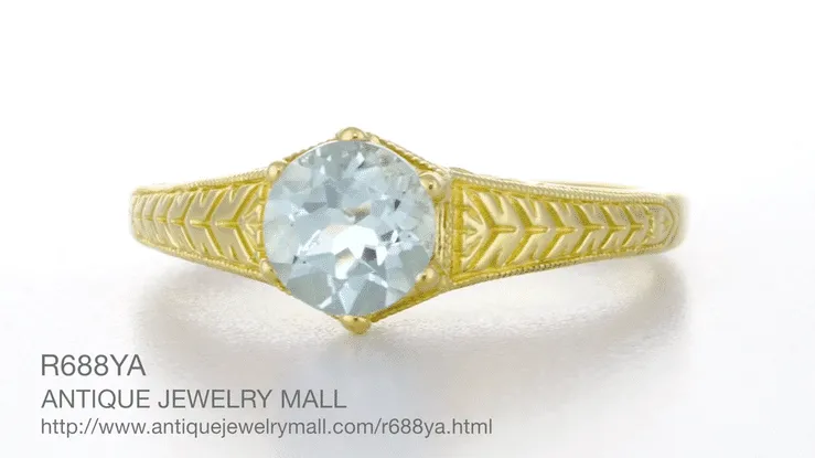 Art Deco Scrolls and Engraved Wheat Aquamarine Solitaire Filigree Engagement Ring in 18 Karat Yellow Gold