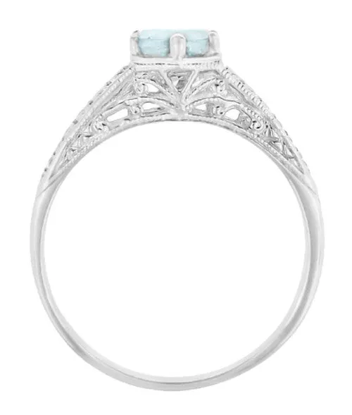 Art Deco Scrolls and Wheat Aquamarine Solitaire Filigree Engraved Engagement Ring in Platinum