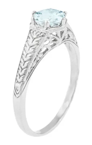 Art Deco Scrolls and Wheat Aquamarine Solitaire Filigree Engraved Engagement Ring in Platinum
