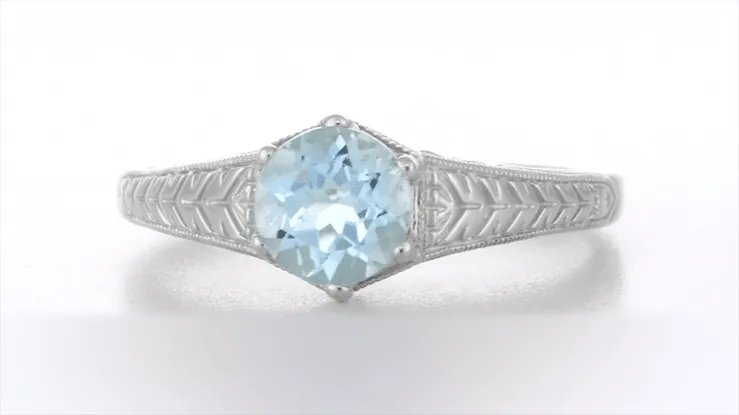 Art Deco Scrolls and Wheat Aquamarine Solitaire Filigree Engraved Engagement Ring in Platinum