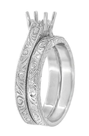 Art Deco Scrolls Contoured Engraved Wedding Band in 14K or 18K White Gold