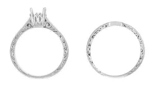 Art Deco Scrolls Contoured Engraved Wedding Band in 14K or 18K White Gold