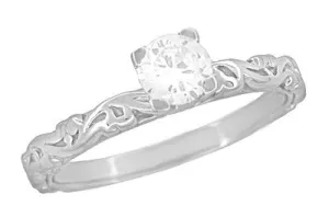 Art Deco Scrolls White Sapphire Engagement Ring in 14 Karat White Gold