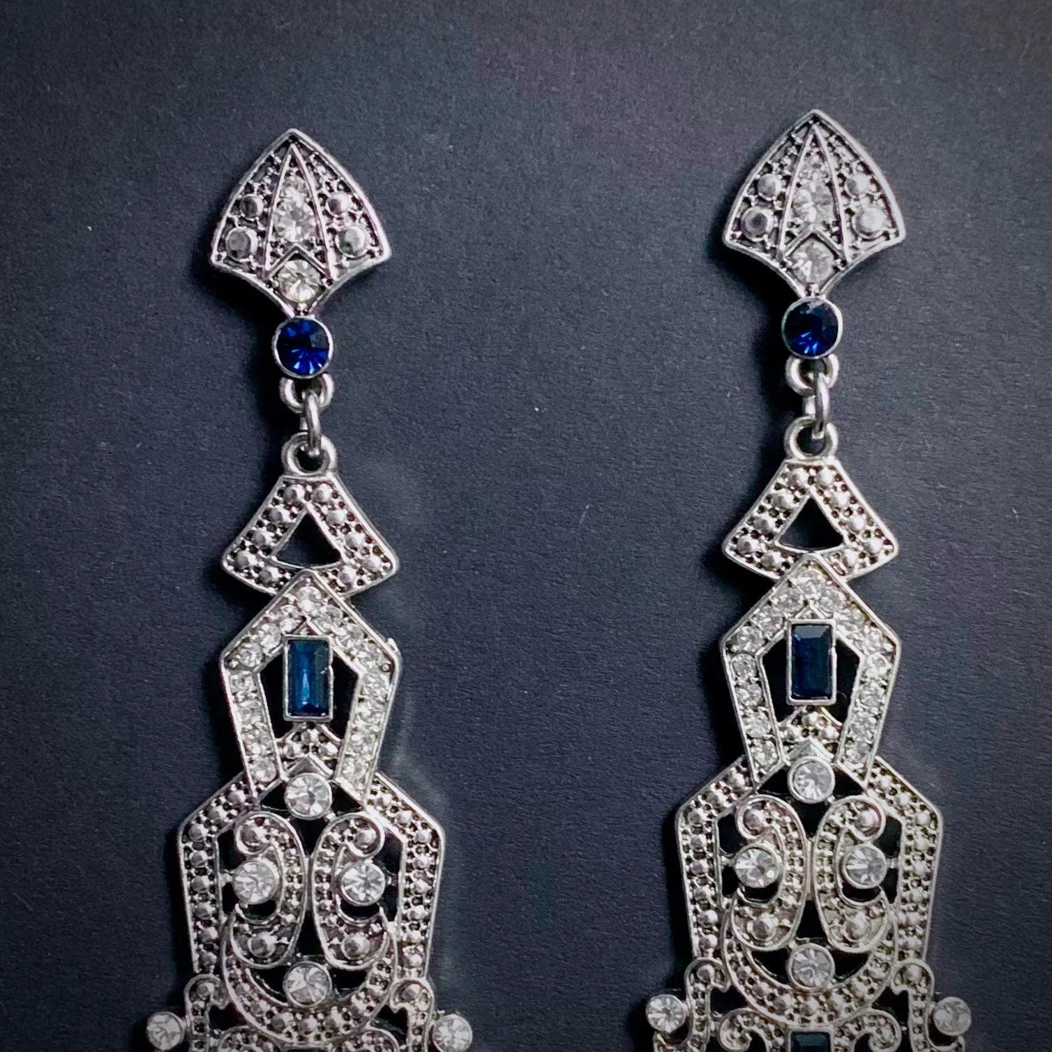 Art Deco Silver & Sapphire Large Chandelier Earrings