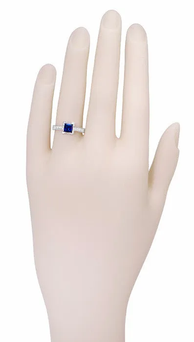 Art Deco Square Castle 1 Carat Princess Cut Blue Sapphire Engagement Ring in 18 Karat White Gold with Diamonds