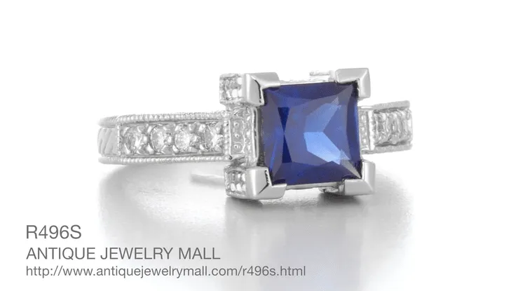 Art Deco Square Castle 1 Carat Princess Cut Blue Sapphire Engagement Ring in 18 Karat White Gold with Diamonds