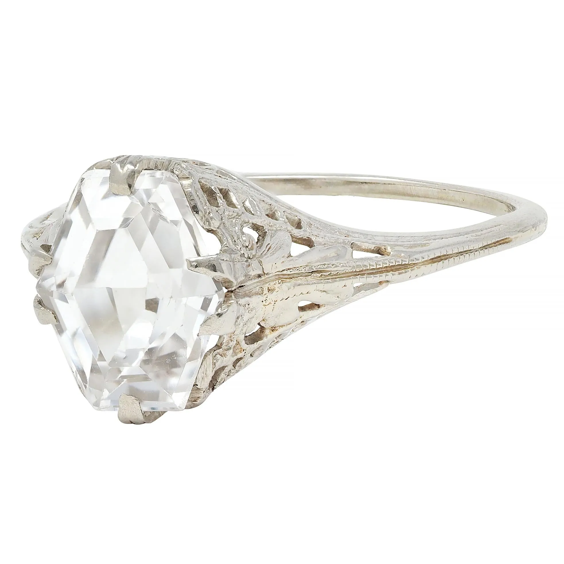 Art Deco Step Cut White Grossular Garnet 14 Karat White Gold Vintage Foliate Ring