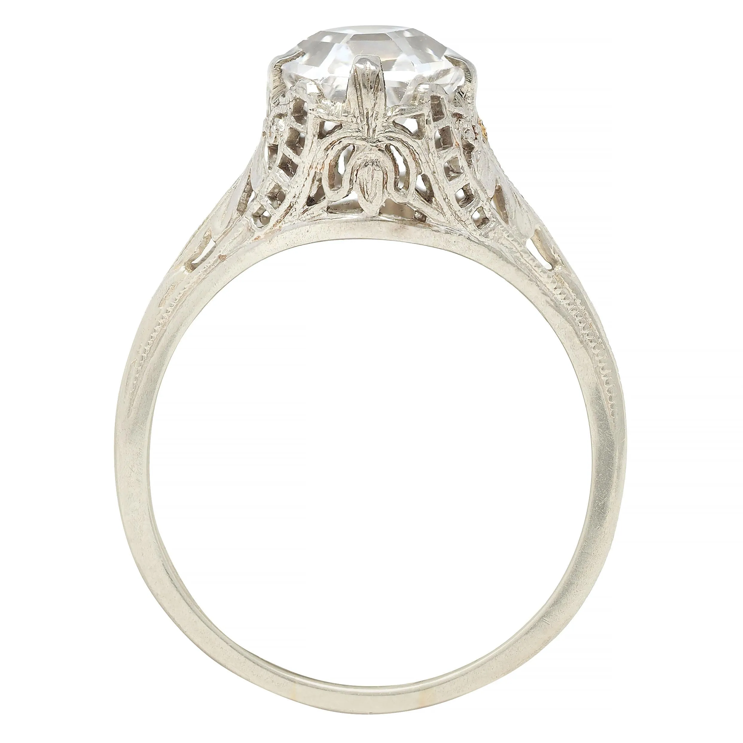 Art Deco Step Cut White Grossular Garnet 14 Karat White Gold Vintage Foliate Ring