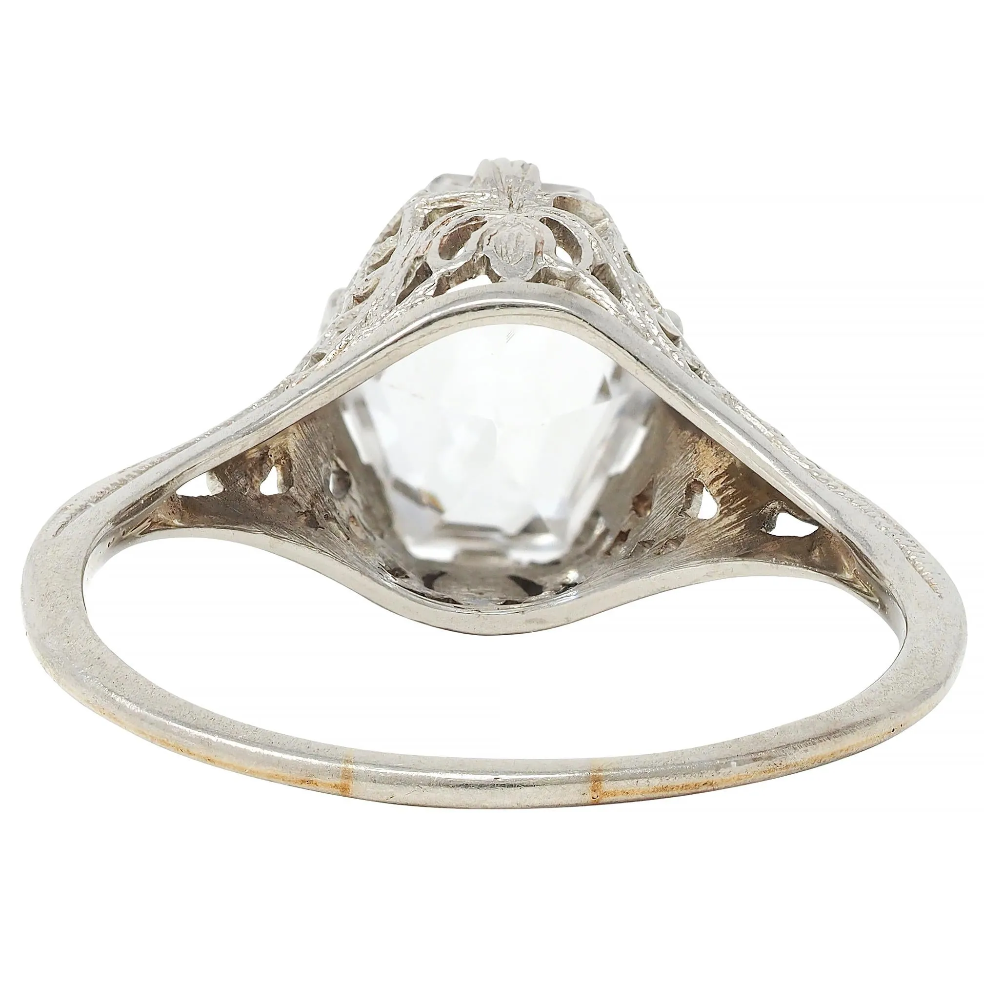 Art Deco Step Cut White Grossular Garnet 14 Karat White Gold Vintage Foliate Ring