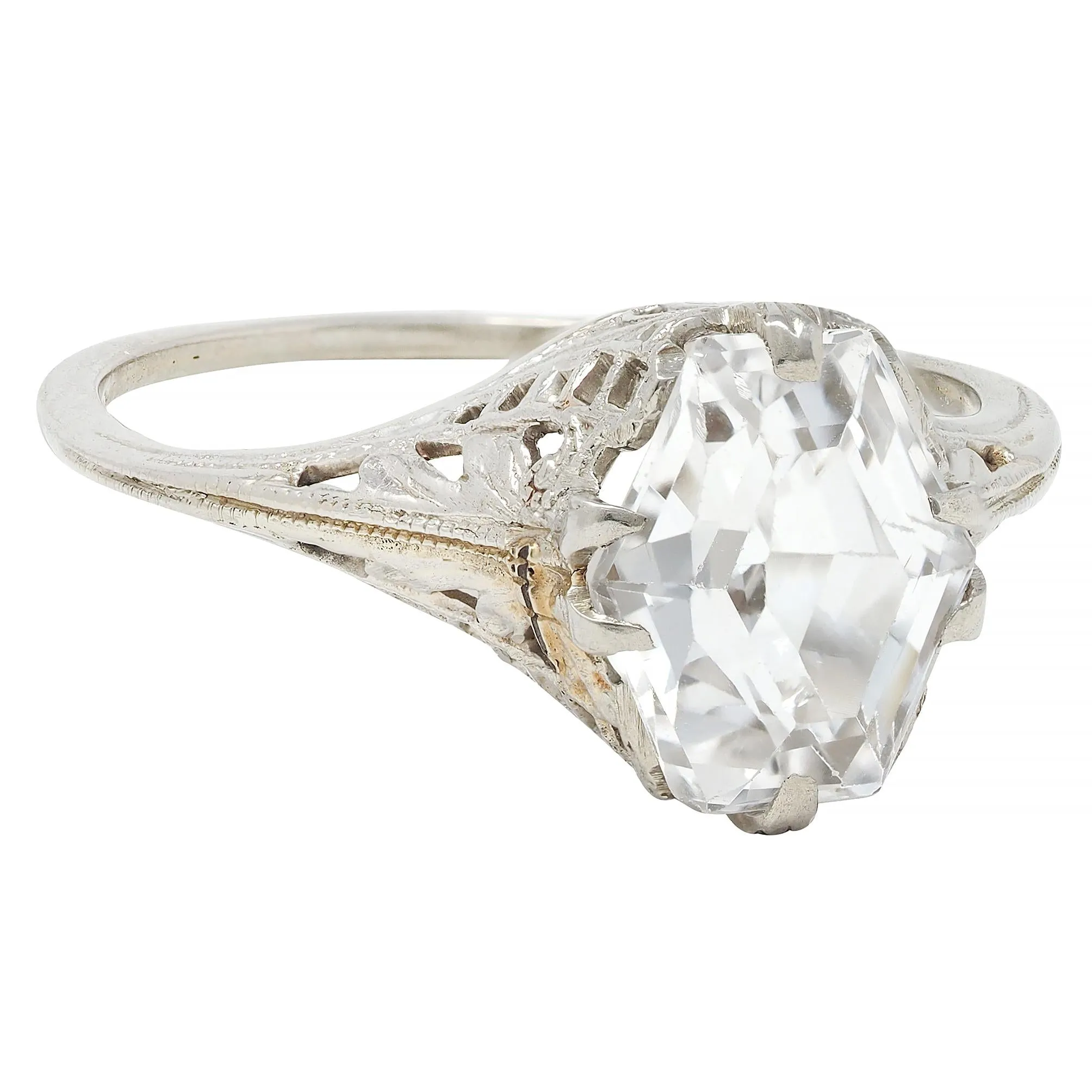 Art Deco Step Cut White Grossular Garnet 14 Karat White Gold Vintage Foliate Ring