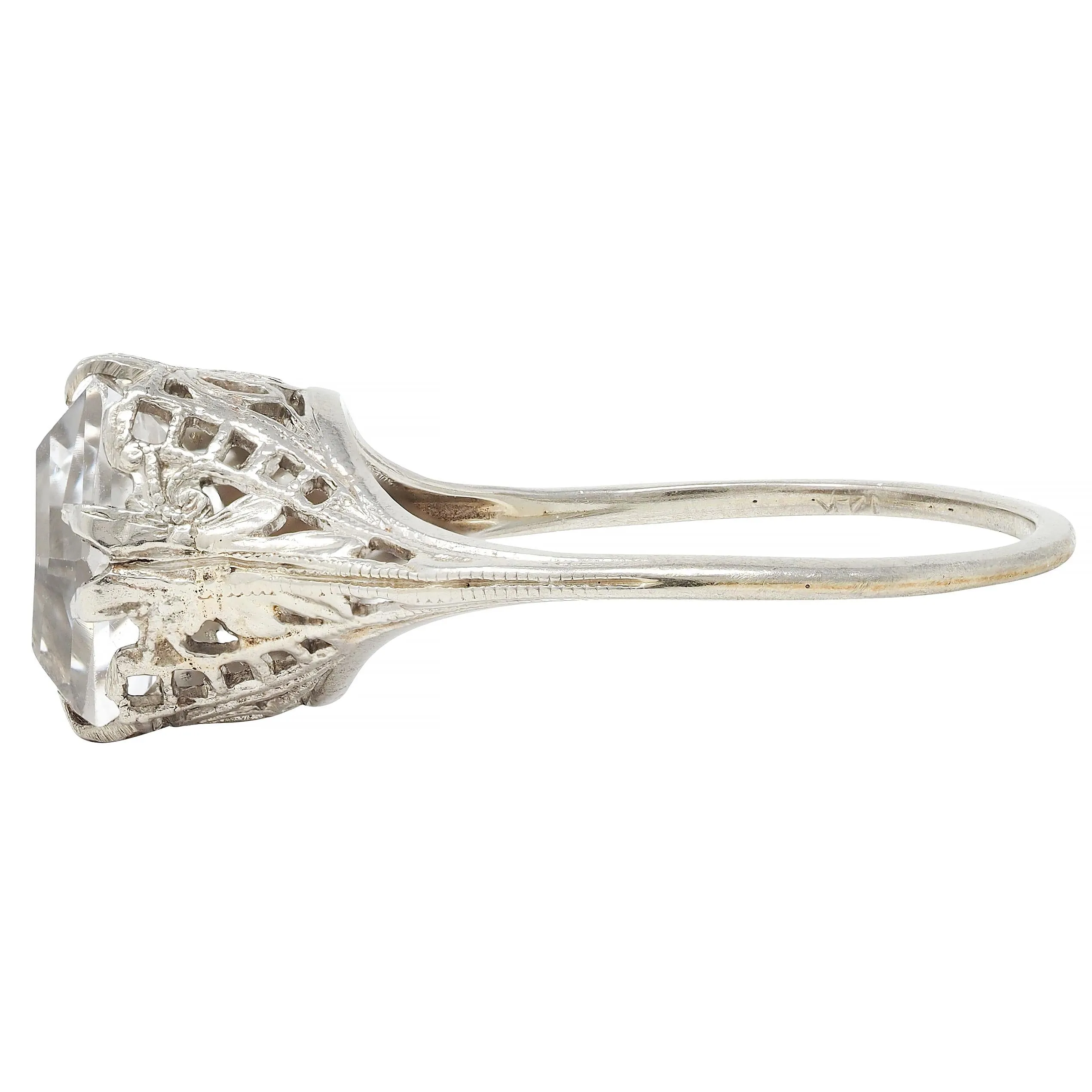 Art Deco Step Cut White Grossular Garnet 14 Karat White Gold Vintage Foliate Ring