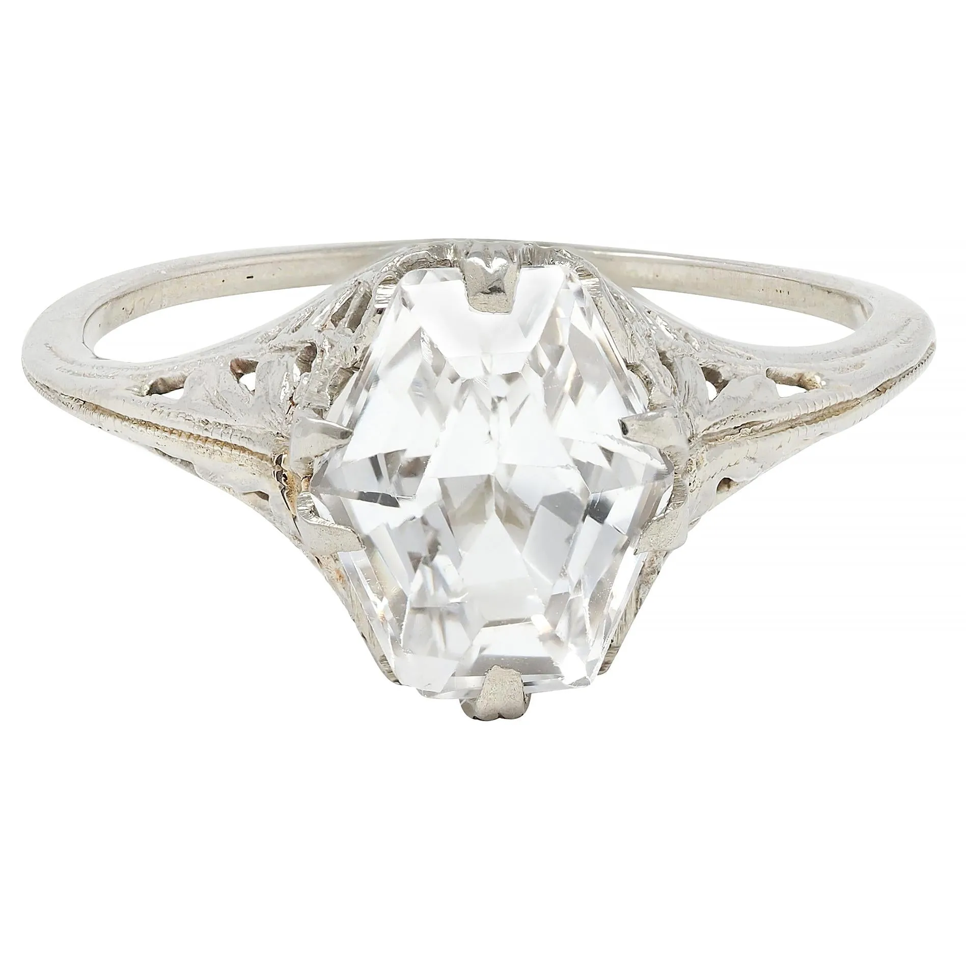 Art Deco Step Cut White Grossular Garnet 14 Karat White Gold Vintage Foliate Ring