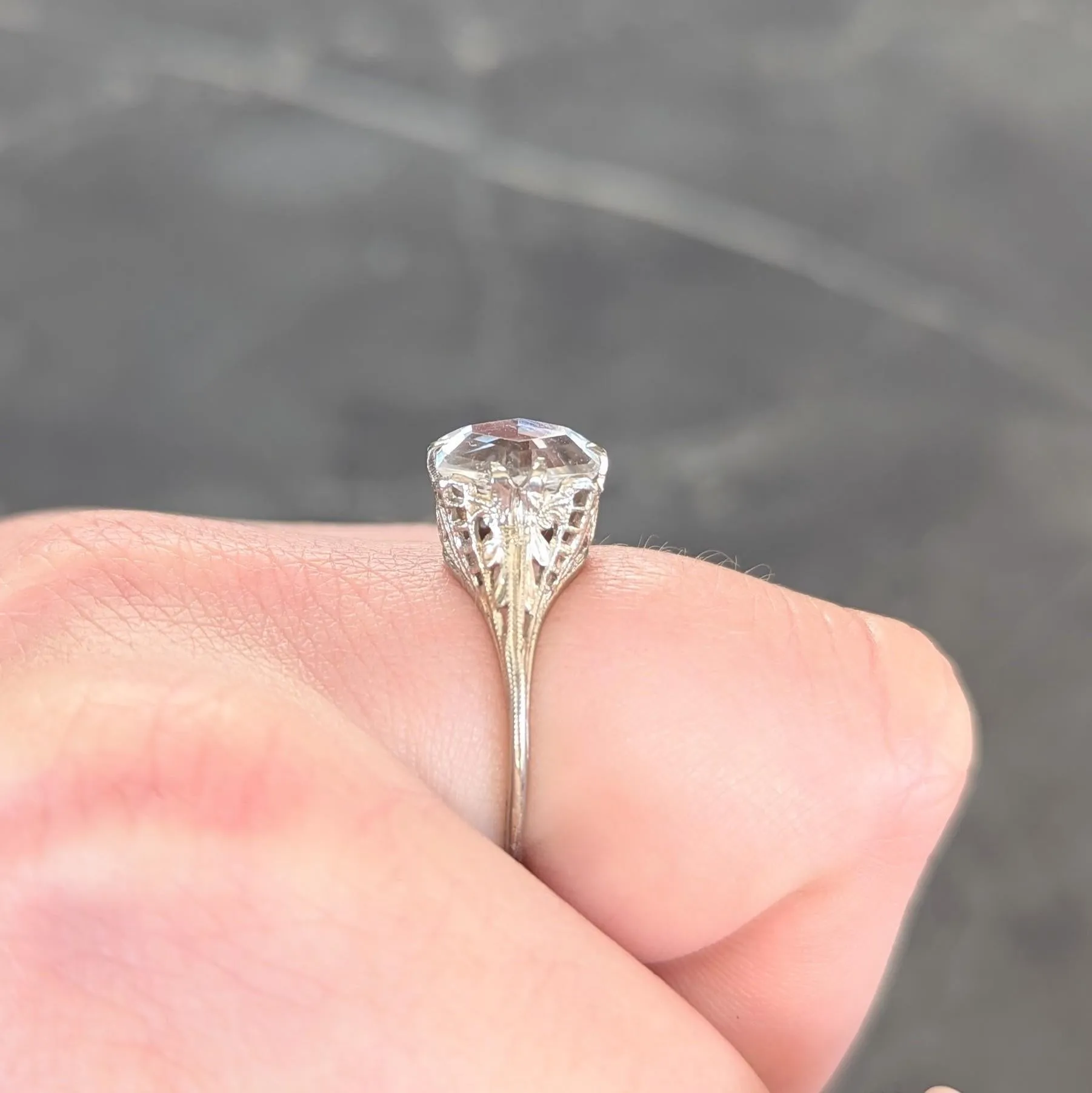 Art Deco Step Cut White Grossular Garnet 14 Karat White Gold Vintage Foliate Ring
