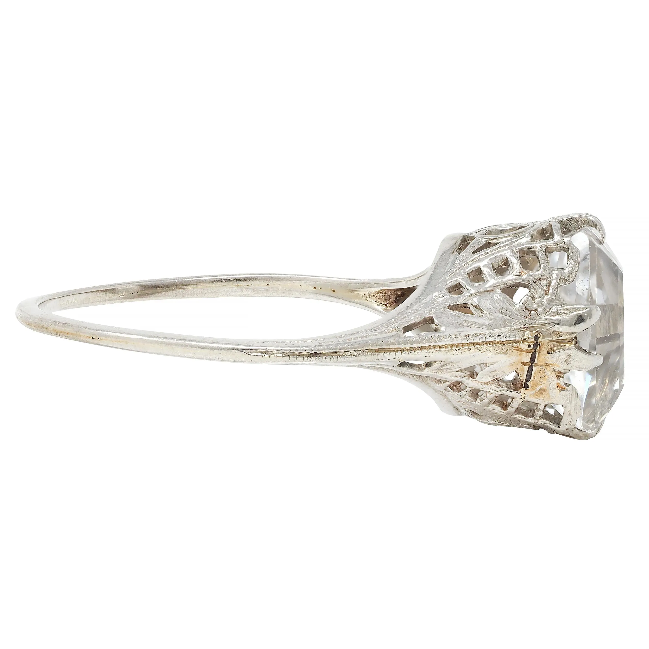 Art Deco Step Cut White Grossular Garnet 14 Karat White Gold Vintage Foliate Ring