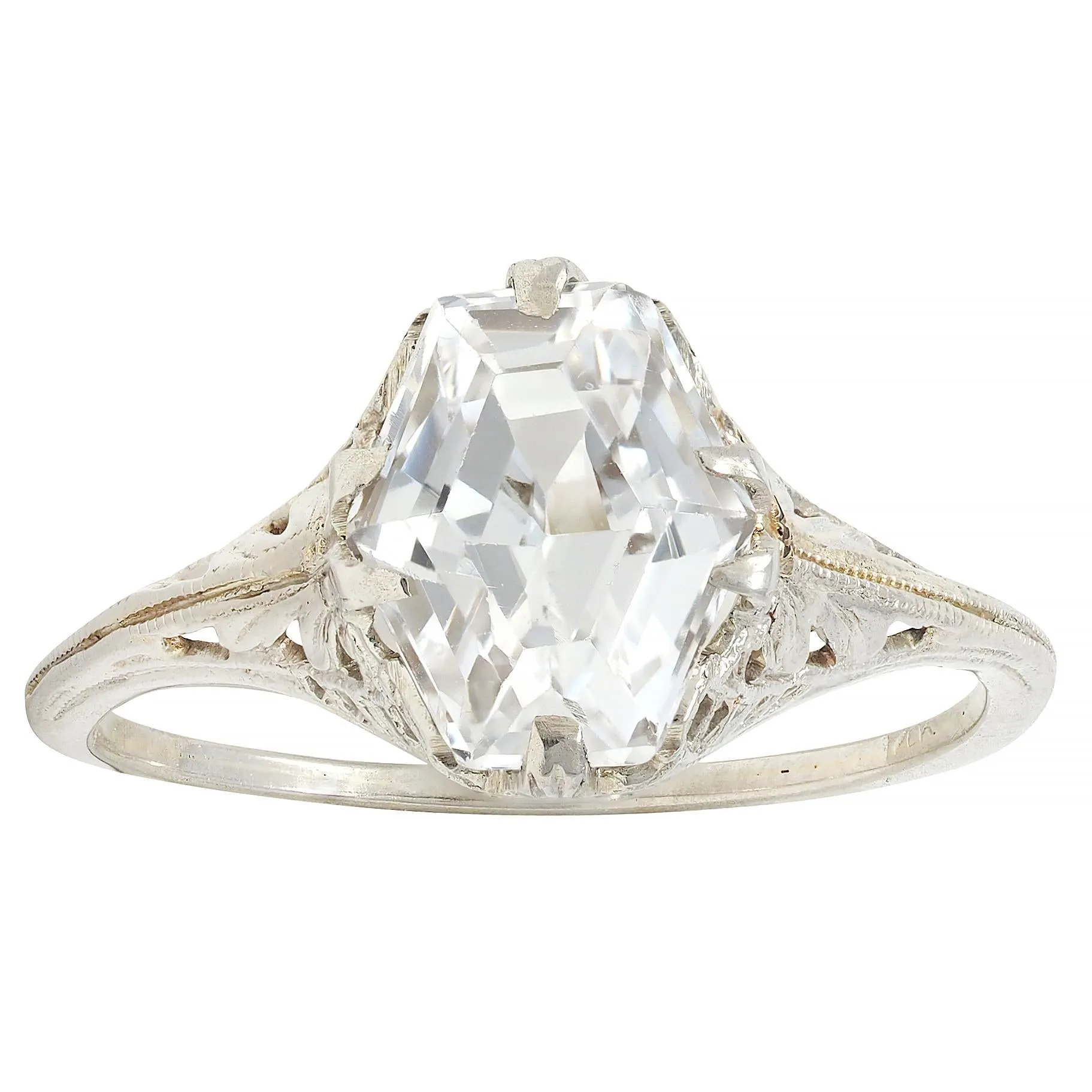 Art Deco Step Cut White Grossular Garnet 14 Karat White Gold Vintage Foliate Ring