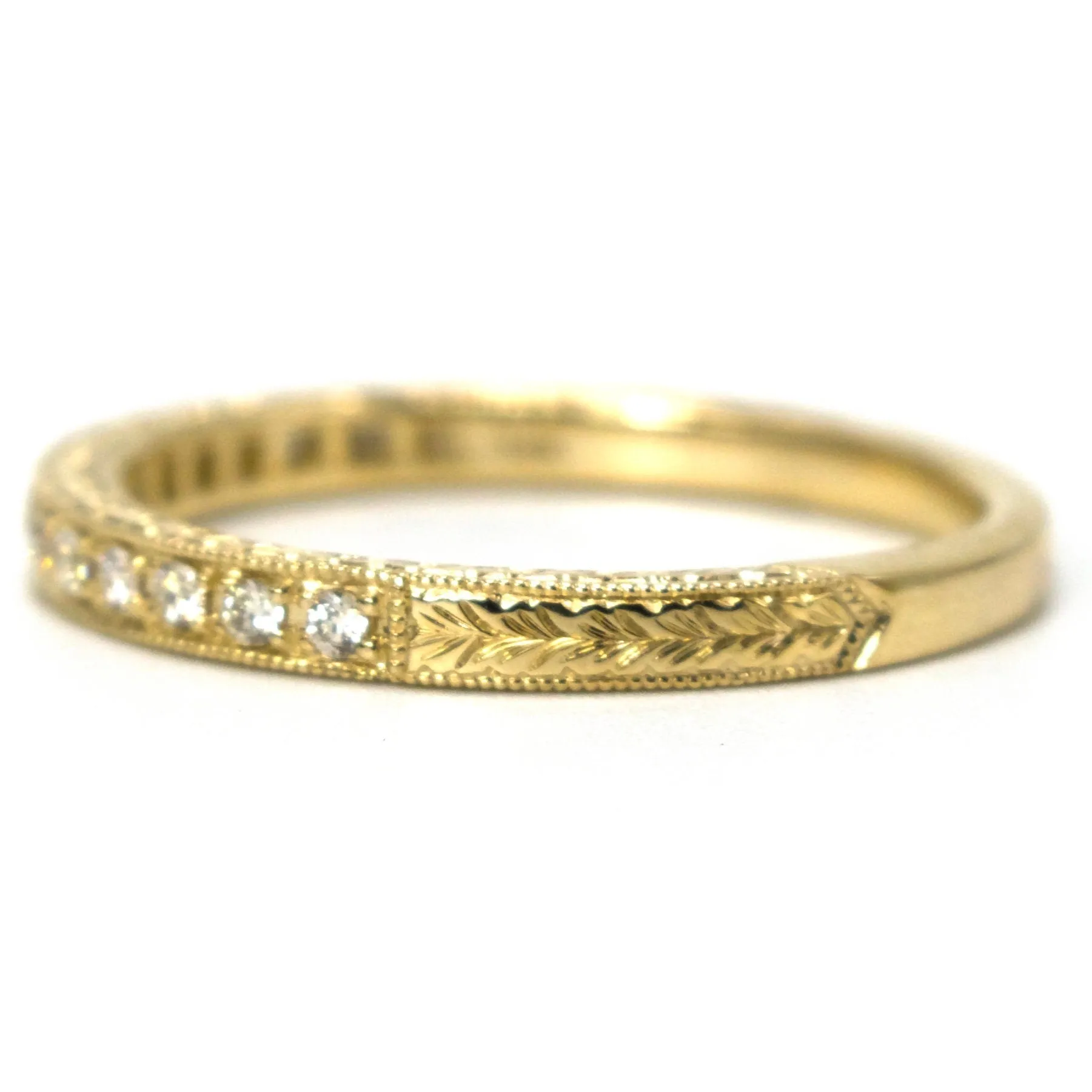 Art Deco Style 14K Yellow Gold Engraved Diamond Wedding Band