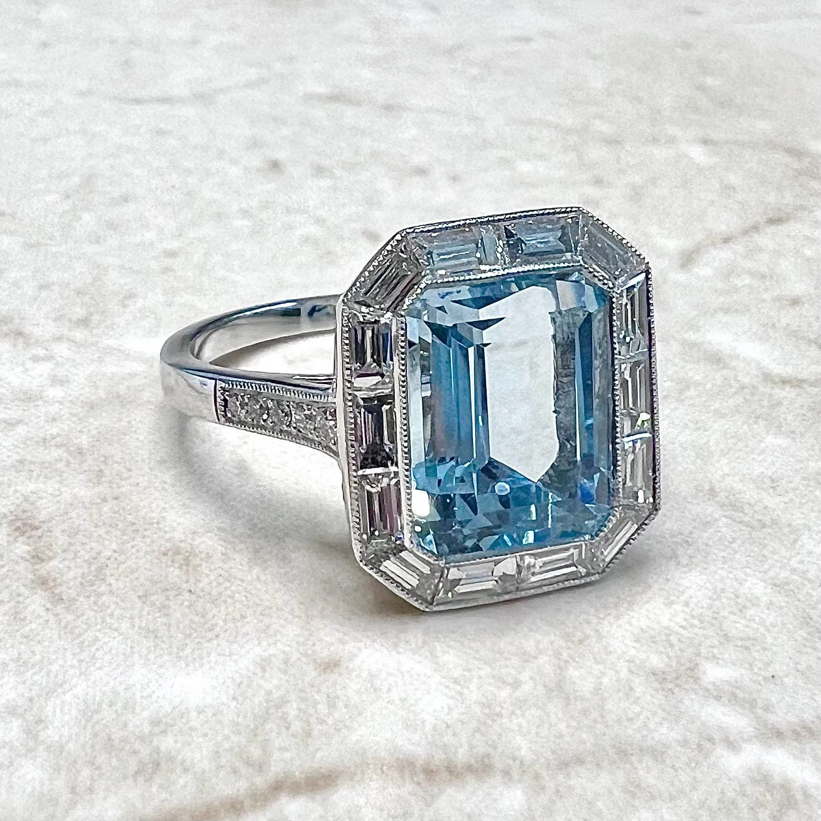 Art Deco Style Handcrafted Platinum Halo Aquamarine Engagement Ring