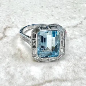 Art Deco Style Handcrafted Platinum Halo Aquamarine Engagement Ring