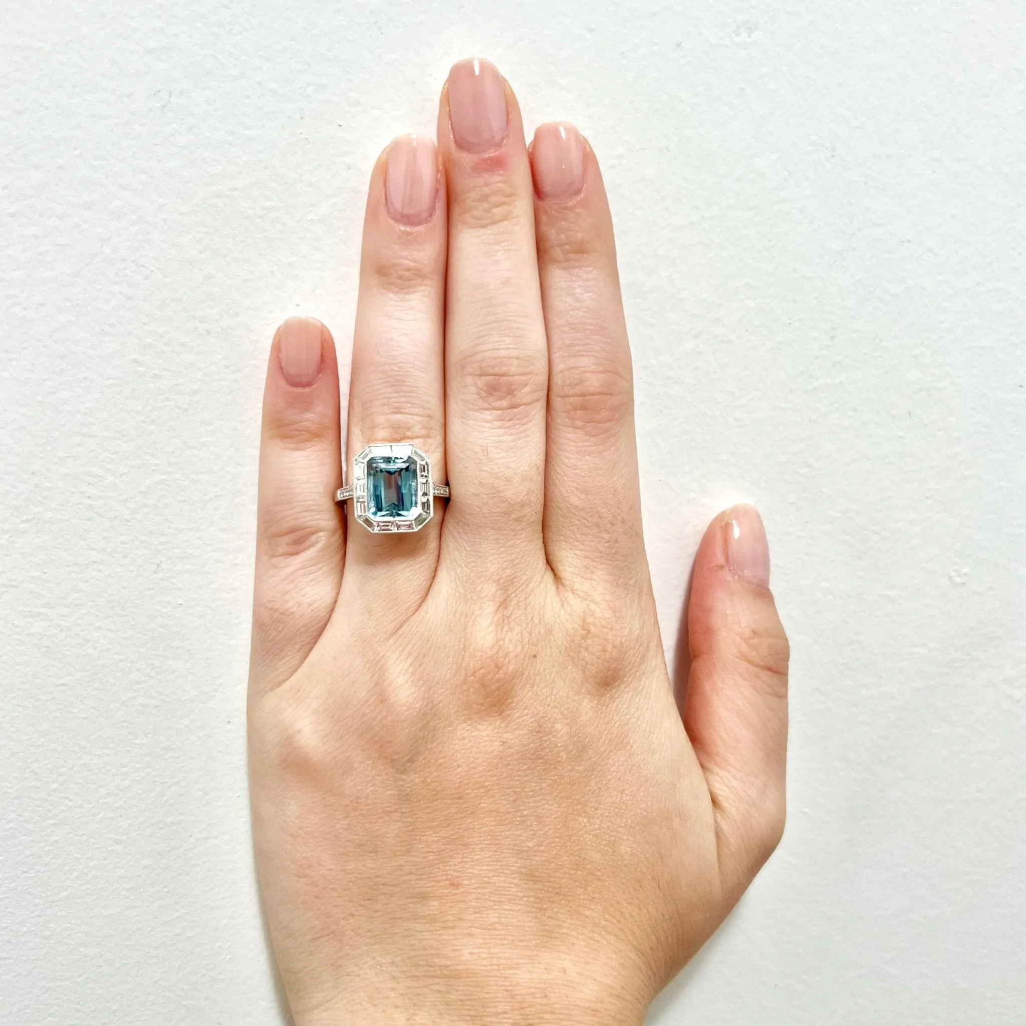 Art Deco Style Handcrafted Platinum Halo Aquamarine Engagement Ring