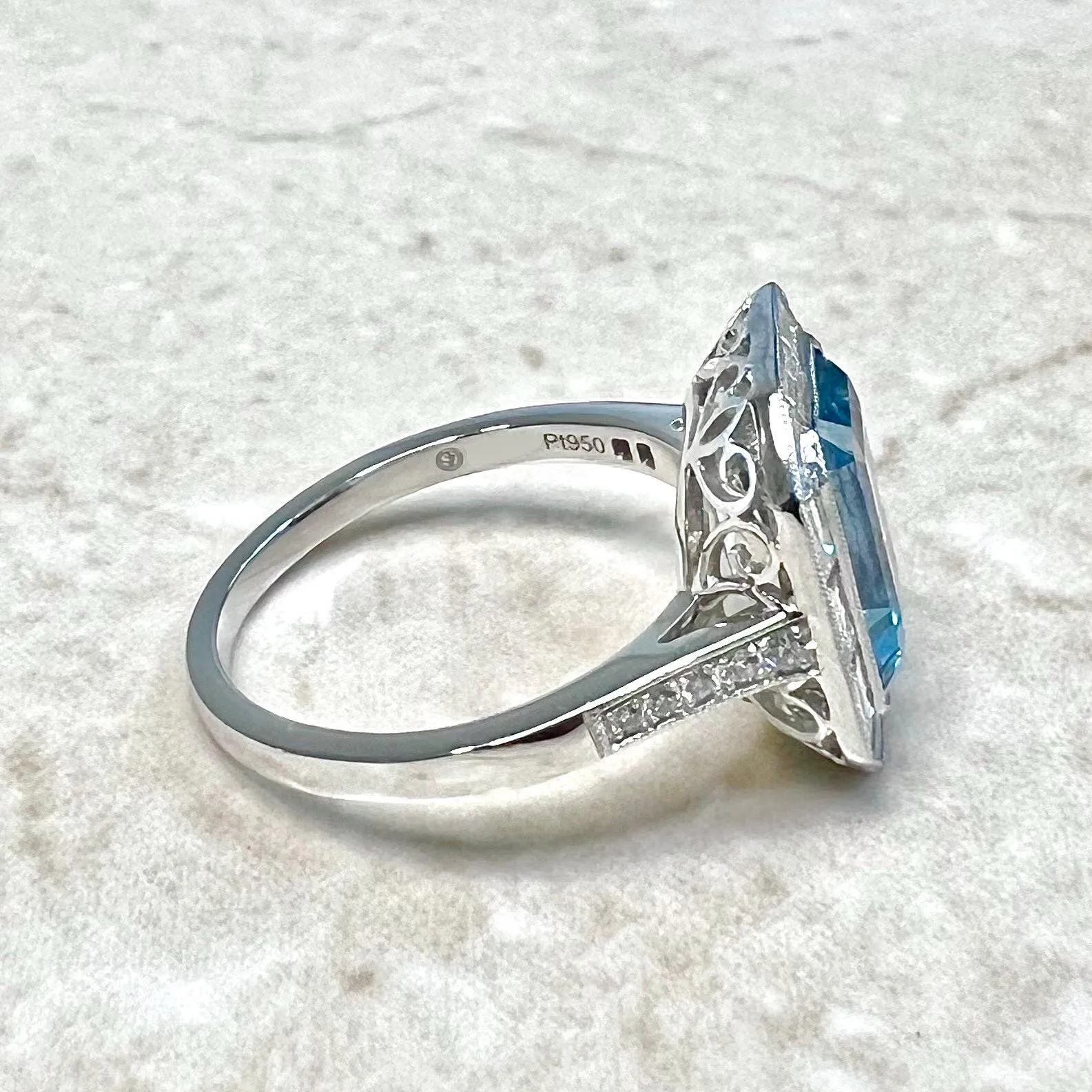 Art Deco Style Handcrafted Platinum Halo Aquamarine Engagement Ring