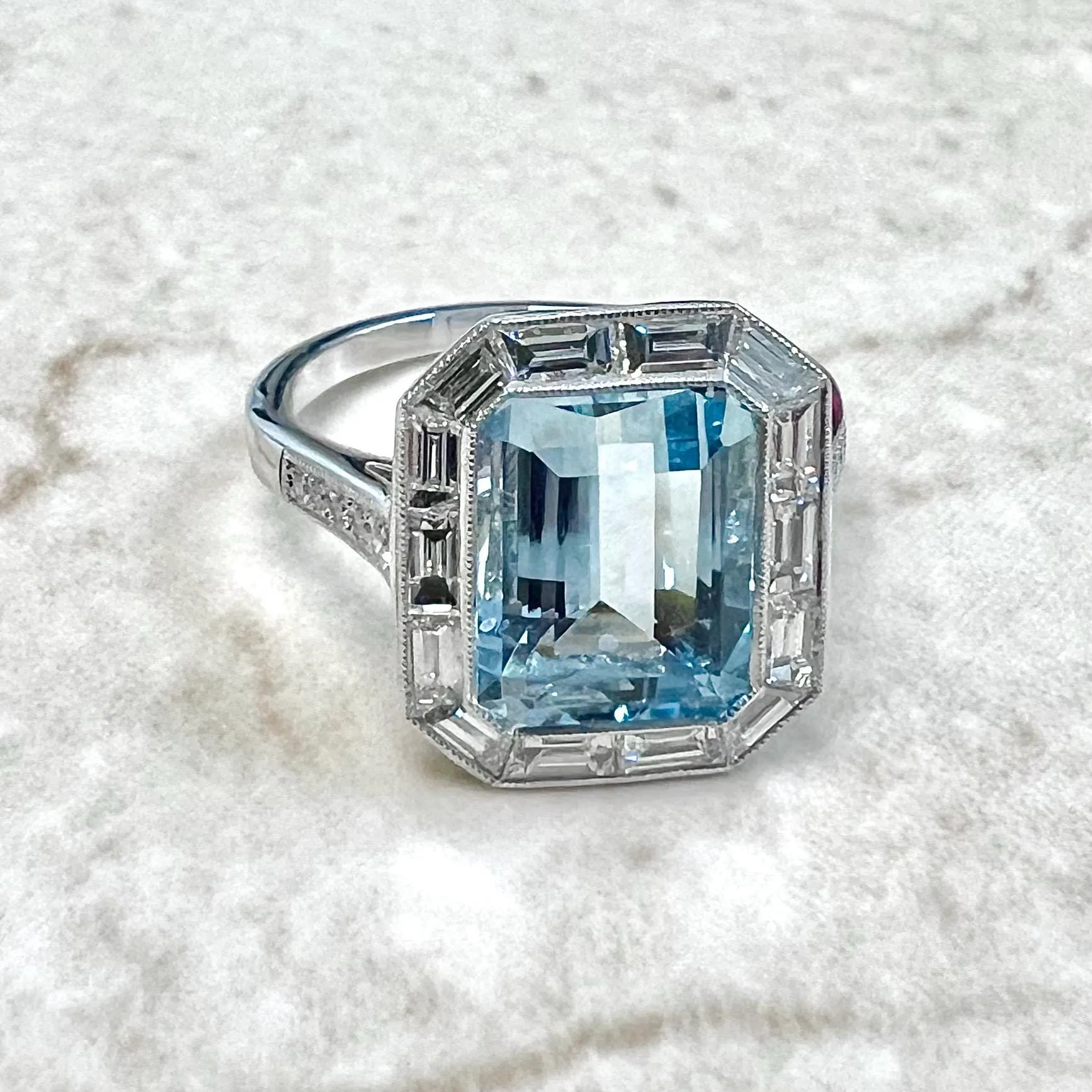 Art Deco Style Handcrafted Platinum Halo Aquamarine Engagement Ring