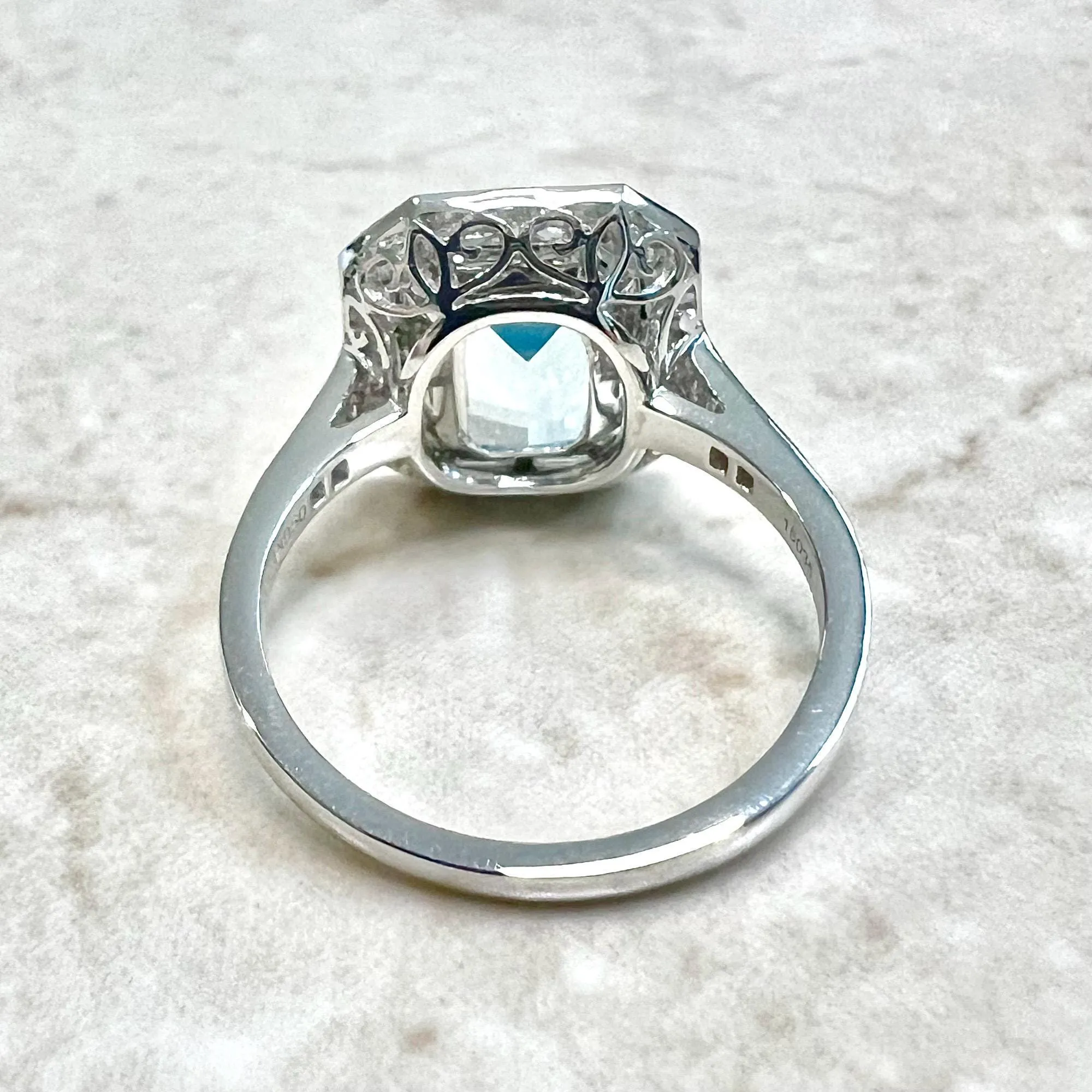 Art Deco Style Handcrafted Platinum Halo Aquamarine Engagement Ring