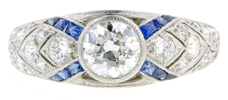 Art Deco TRB .60ct Diamond & Sapphire* Platinum Engagement Ring