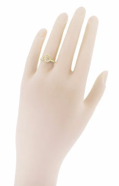 Art Deco Vintage Style Engraved Filigree Morganite Hexagon Ring in 14K Yellow Gold