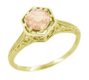 Art Deco Vintage Style Engraved Filigree Morganite Hexagon Ring in 14K Yellow Gold