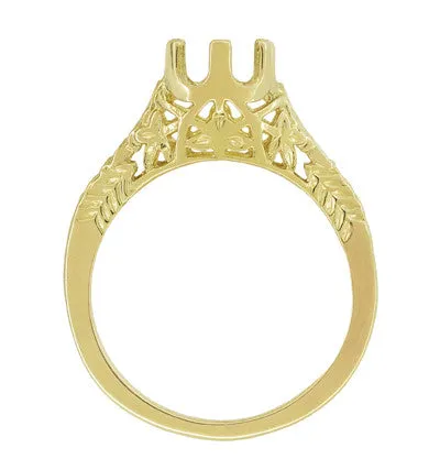 Art Deco Yellow Gold 3/4 - 1 Carat Crown of Leaves Filigree Engagement Ring Setting