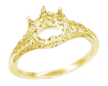 Art Deco Yellow Gold 3/4 Carat Crown of Leaves Filigree Engagement Ring Setting