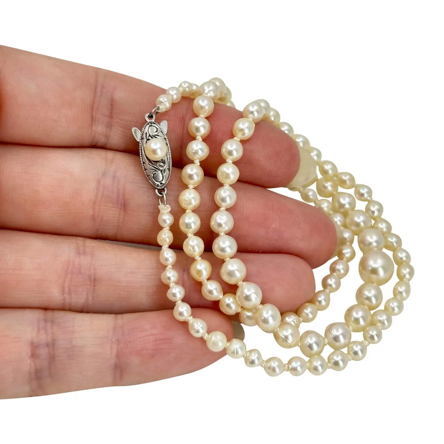 Baroque Art Deco Japanese Saltwater Cultured Akoya Pearl Graduated Necklace - Sterling Silver 19.50 Inch