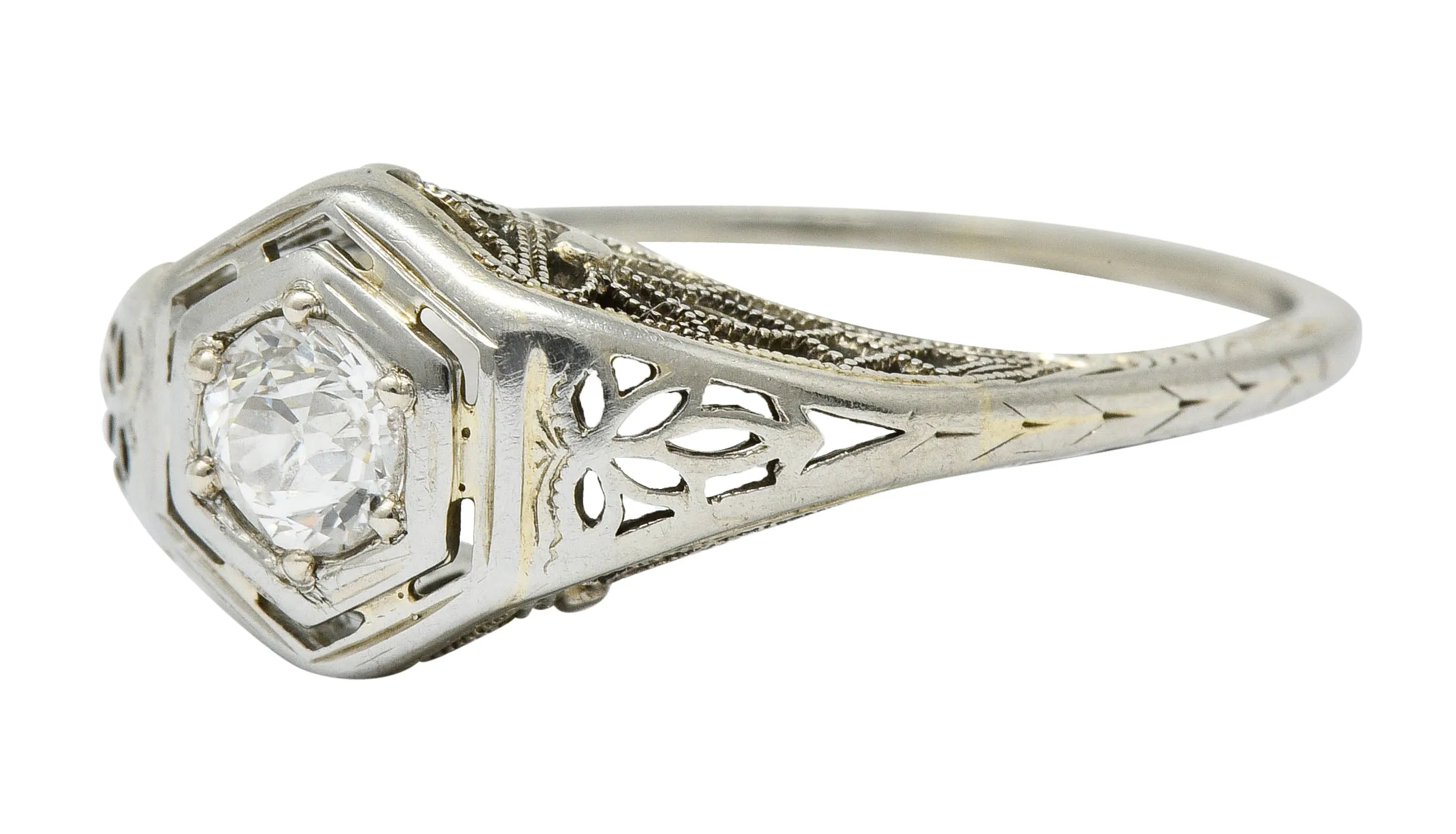 Belais Early Art Deco 0.26 CTW Diamond 18 Karat White Gold Floral Engagement Ring