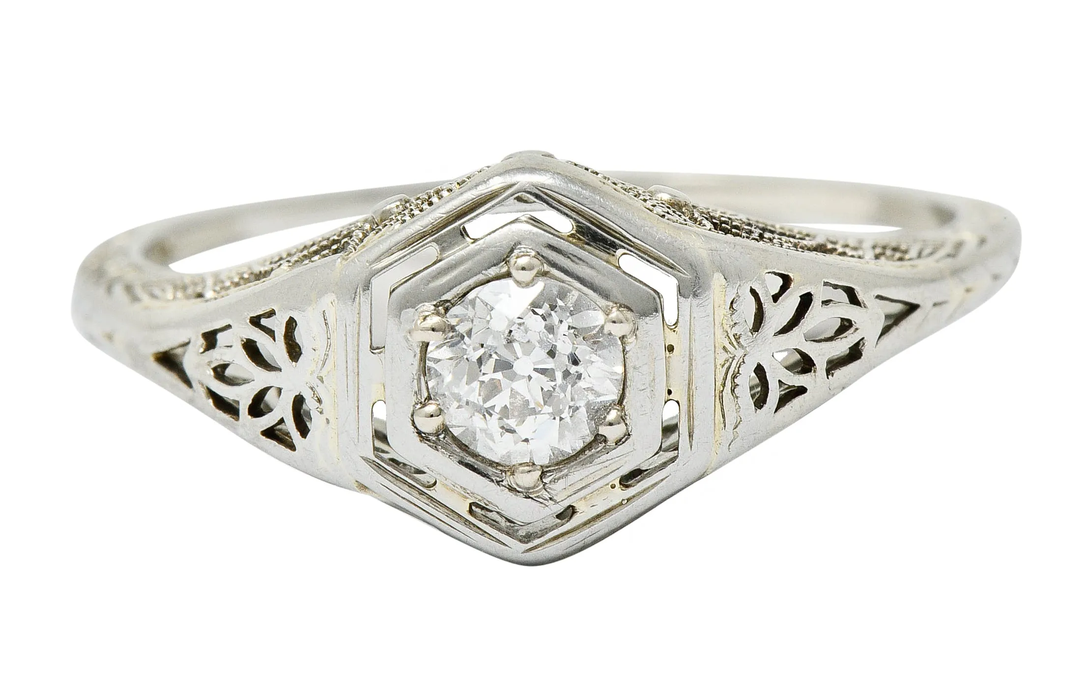 Belais Early Art Deco 0.26 CTW Diamond 18 Karat White Gold Floral Engagement Ring