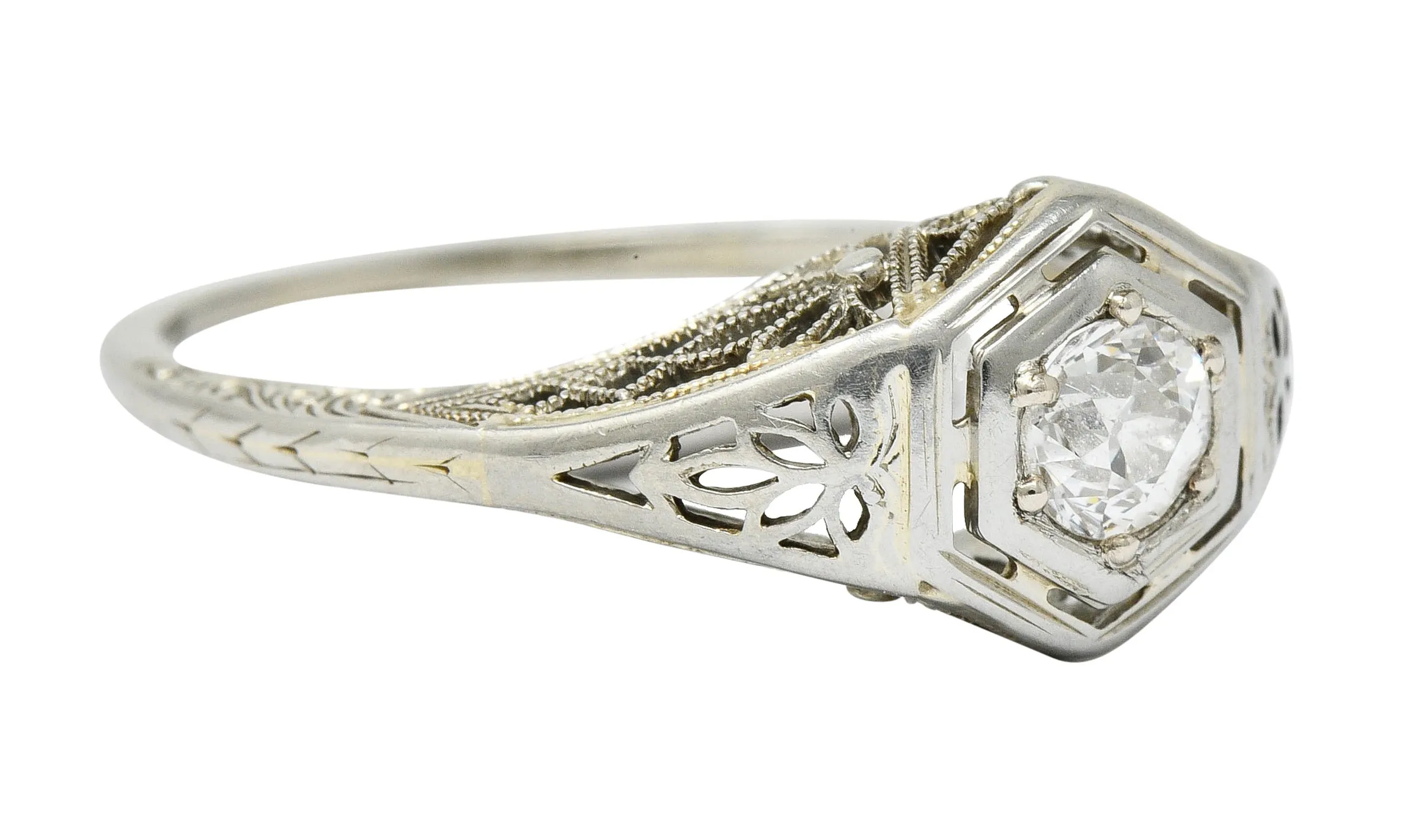 Belais Early Art Deco 0.26 CTW Diamond 18 Karat White Gold Floral Engagement Ring